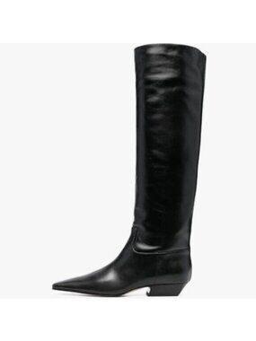 miss left Women Square Toe Knee High Boot Wide Calf Low Chunky Heels Black